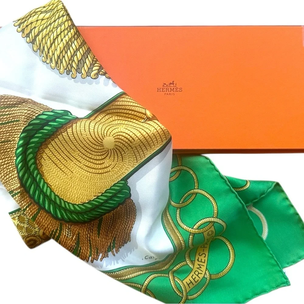 Hermès Paris Green & Gold Military Epaulettes Silk Scarf Carre 90 w/Box - Picture 3 of 13